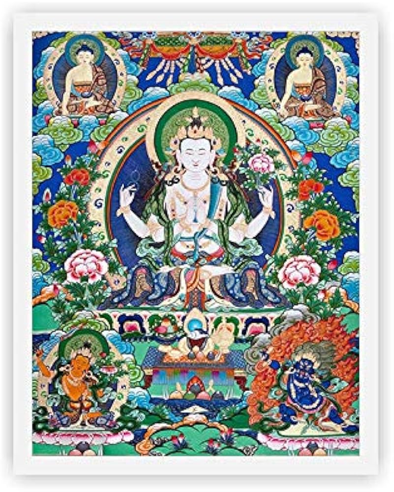 Amazon｜チベットの仏教のタンカの壁画宗教的なぶら下げ絵画4腕の