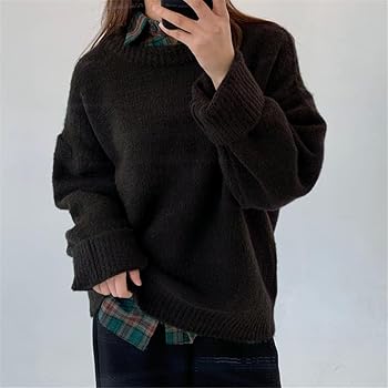 XIBAOBAO Women's Oversized Black Mohair Sweater Crewneck Fuzzy