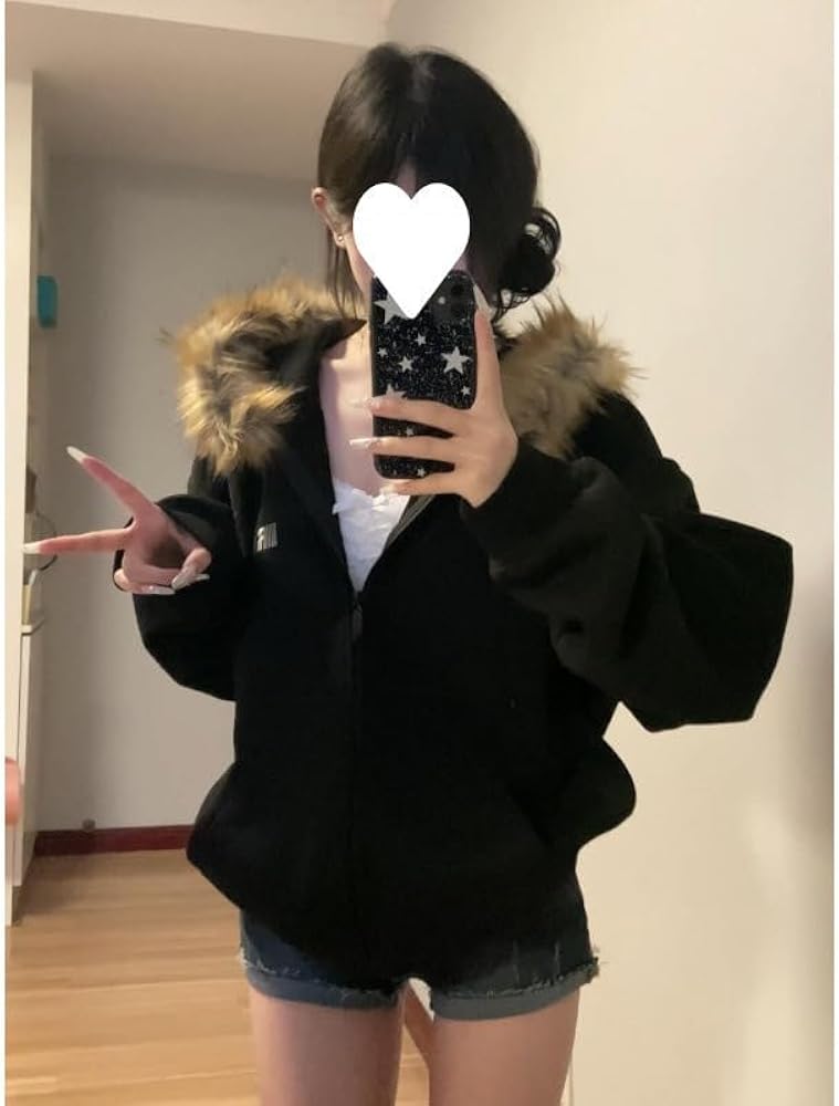 Y2k Zip Up Hoodie Fur Jackets Winter Coats Teen Emo Grunge 2000s