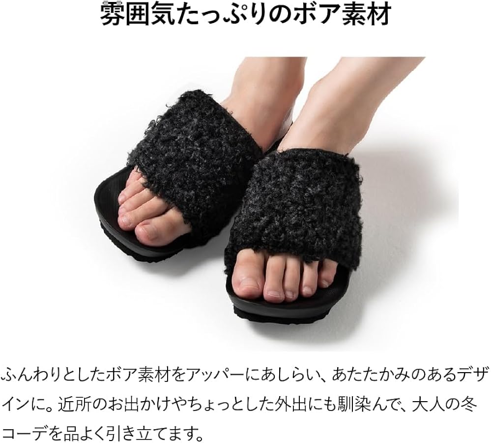 Amazon | [AKAISHI] 601ボア サンダル (M 23.0cm-23.5cm ブラック