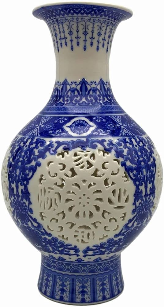 じいちゃんのコレクション】青緑色 陶器 花瓶 透かし彫り ドラゴンの