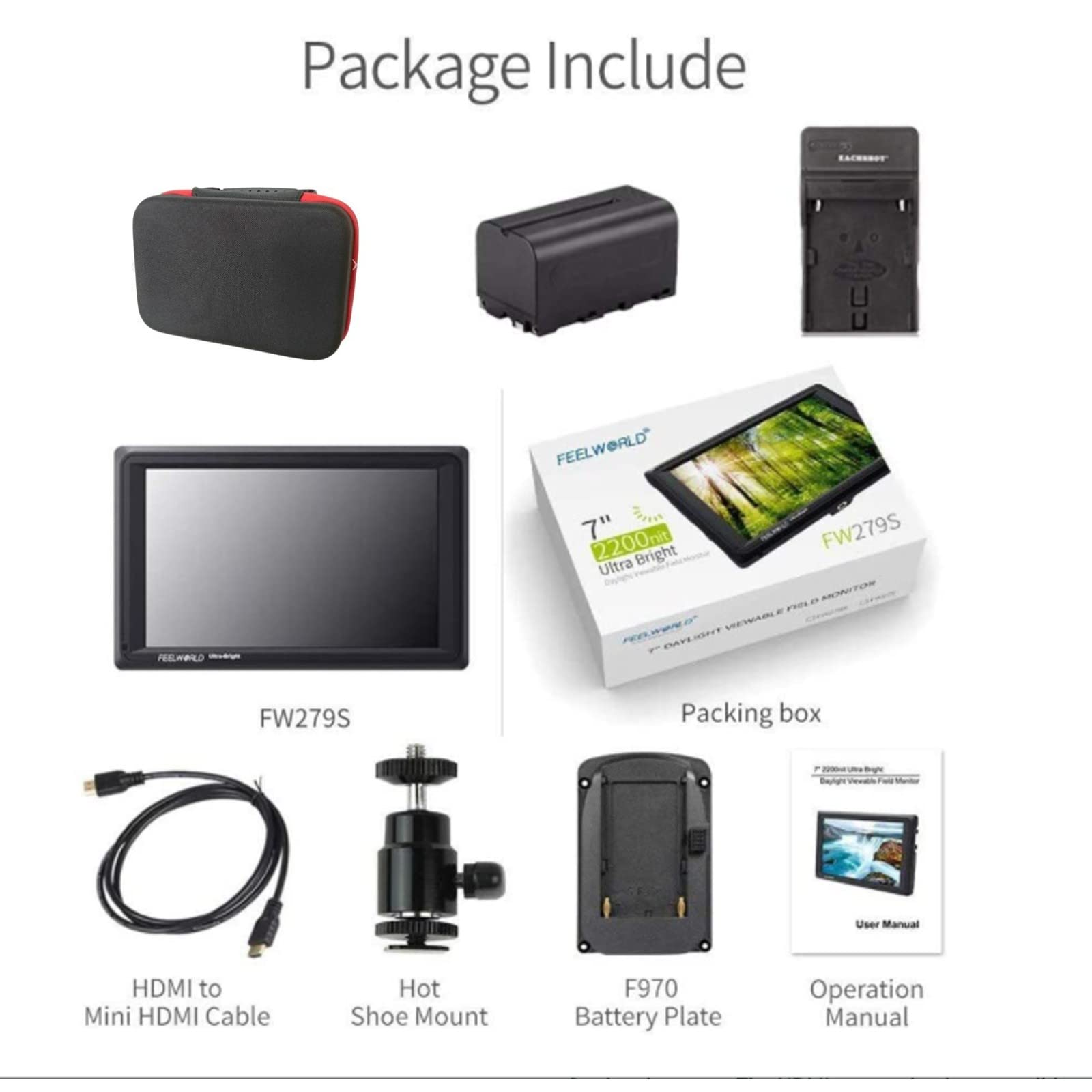 Amazon | Feelworld FW279S バッテリーキット付き,7インチ 2200nit日光