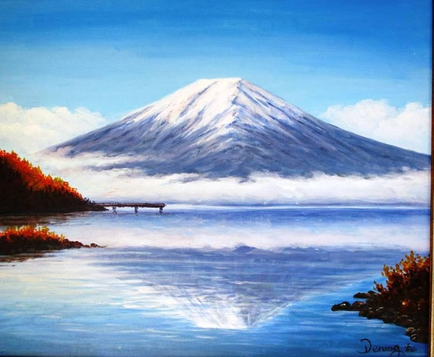 Amazon.co.jp: 富士山絵画 油絵 風景画 河口湖からの逆さ富士 P2 12号