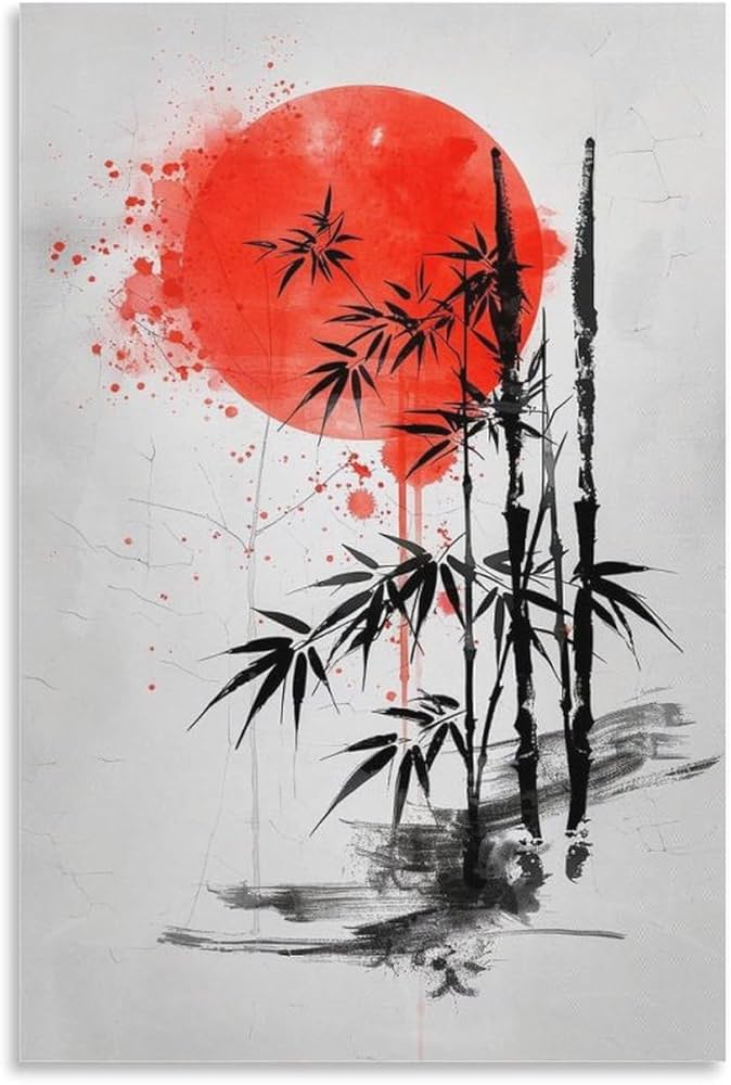 Amazon.co.jp: 墨滲む世界の中心に咲く紅 絵画 アート パネル 赤い太陽