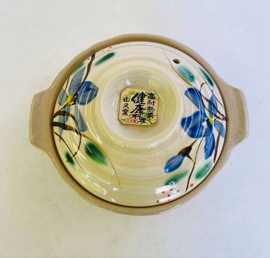 Amazon | 6号 土鍋 伊賀焼 1人用 古風 陶器 桔梗柄 山又窯 | ノー