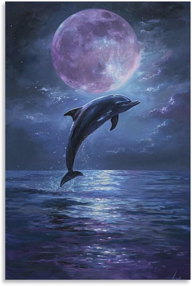 Amazon.co.jp: 絵画 夜の海から飛び出すイルカインテリア 絵画 動物