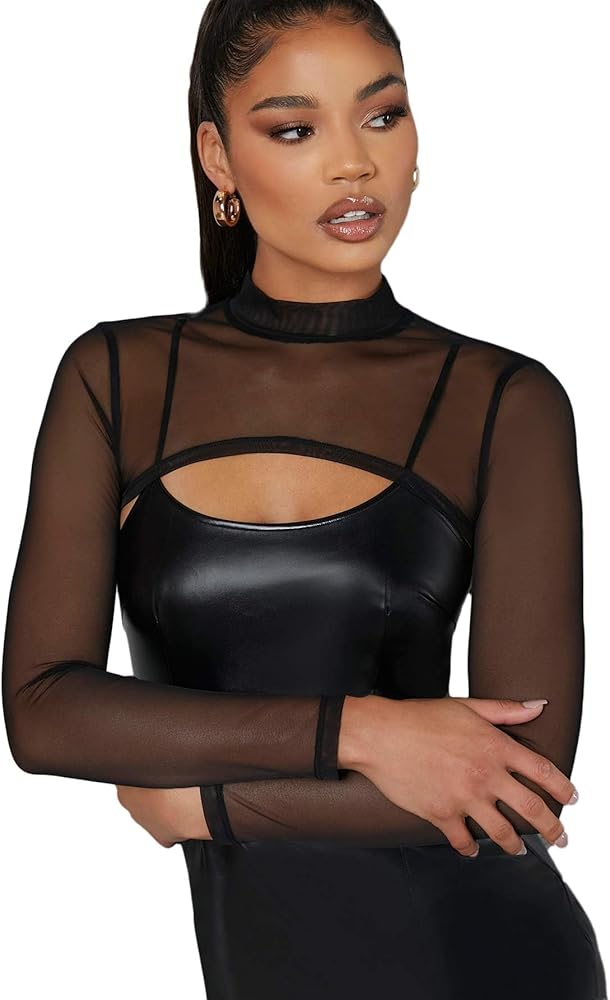 SweatyRocks Women's Long Sleeve Mock Neck Slim Fit Sheer Mesh Crop