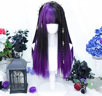 Amazon.co.jp: ゴシックウィッグ かつら ロング ストレート 黒色 紫色