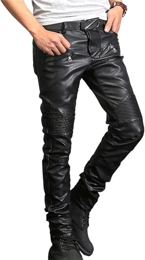 Amazon | メンズレザーパンツ メンズリッピングバイカーパンツリブリブ