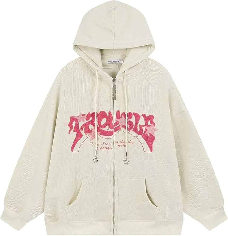 OATSBAS Y2K Zip Up Hoodie for Women Men Letter Print Star Graphic
