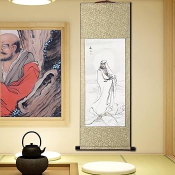 Amazon.co.jp: 肉筆 手描き 水墨画 掛け軸/達磨大師/仏画掛軸 四尺四