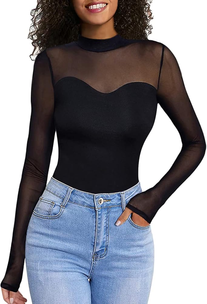 Women's Mesh Long Sleeve Tops - Mock Neck Sheer See Through Tee