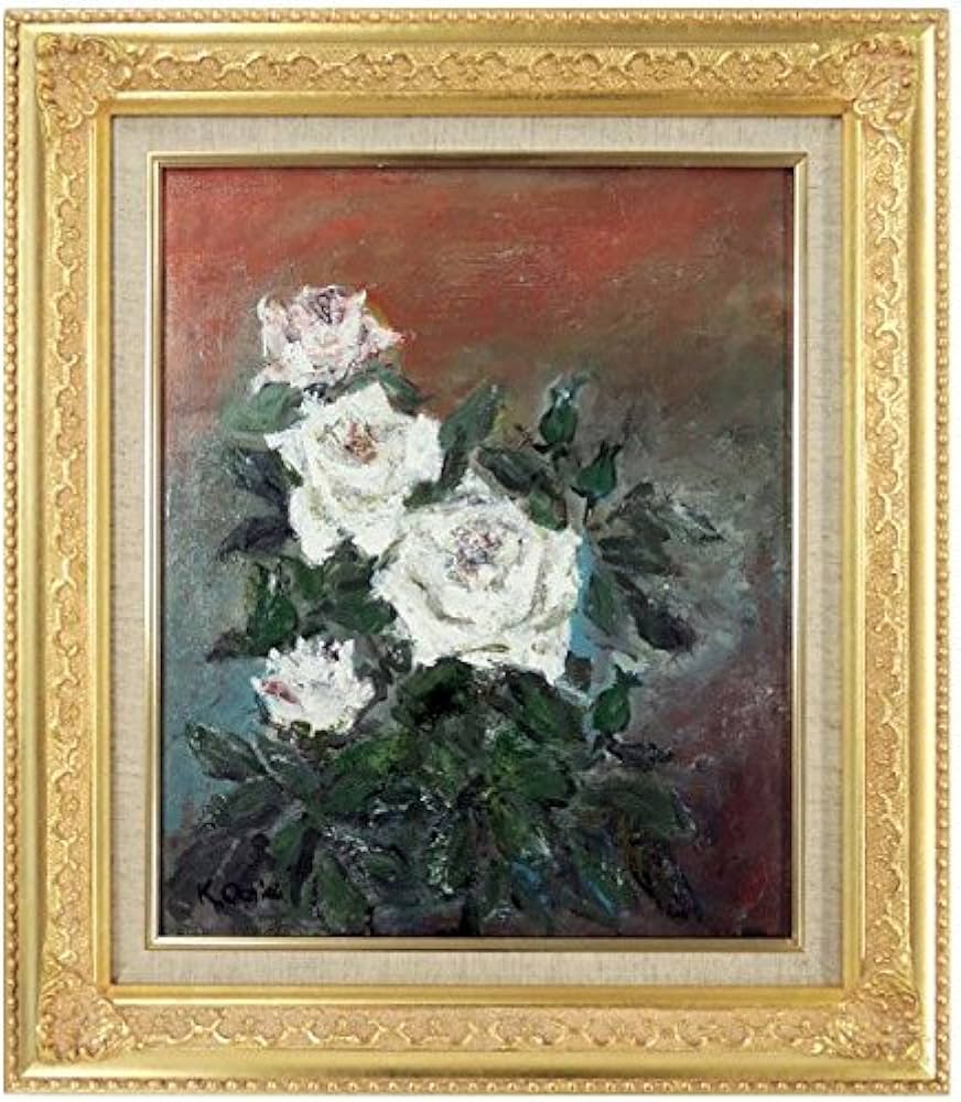 Amazon.co.jp: 落合勝義『白いバラ(F8号)』油彩画 静物画 植物 薔薇 花