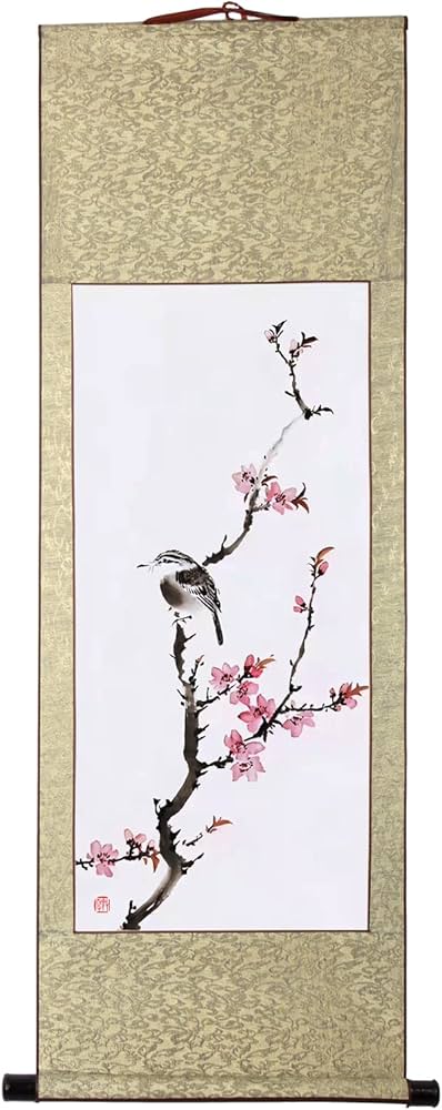 唐寅 花鳥図 掛け軸 四尺 手描き 中国美術 絵画 書画 花鳥 インテリア