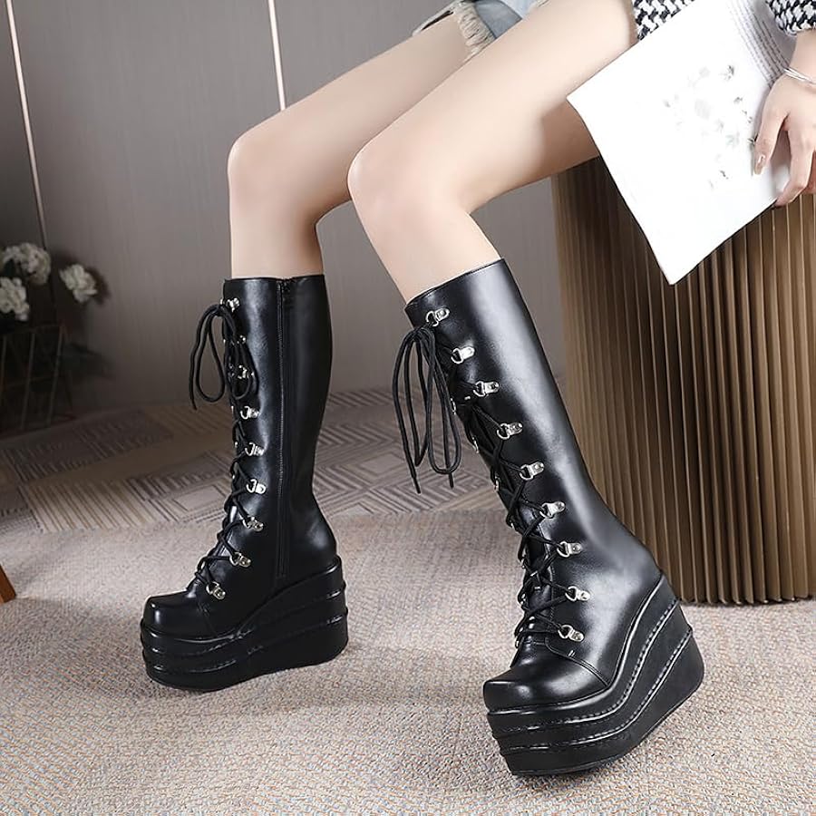 Amazon | [cnstone] 厚底ロングブーツ コスプレ ロングブーツ 編み上げ