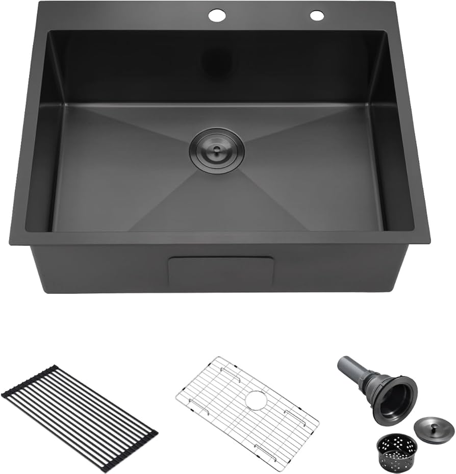 25 Black Drop In Kitchen Sink, Luckyhorse 25x22x10 Inches 16 Gauge