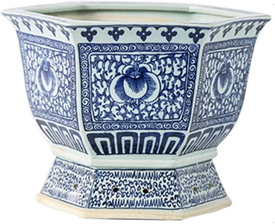 Amazon.co.jp: 青と白の六角形の磁器植木鉢 シノワズリ 景徳鎮 ホーム