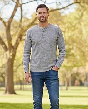 Men's Waffle Knit Thermal Henley Shirt - Long Sleeve Casual Top