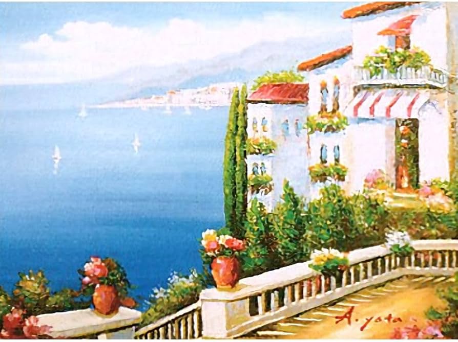 Amazon.co.jp: 矢田晃 青い海のテラス F6号 受注制作 油彩画 油絵 風景