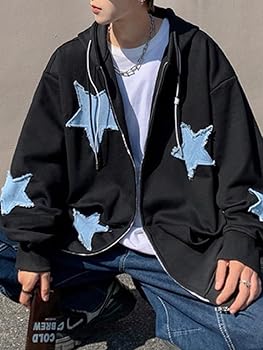 CEINOM Men's Star Patch Zip Up Hoodie for Men Women Graphic