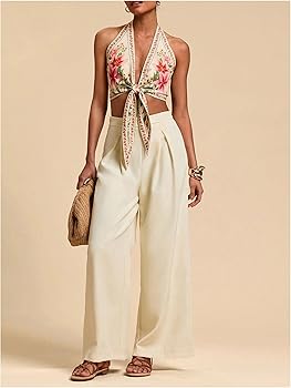 SOLY HUX Women's Floral Print Tie Front Deep V Neck Halter Crop