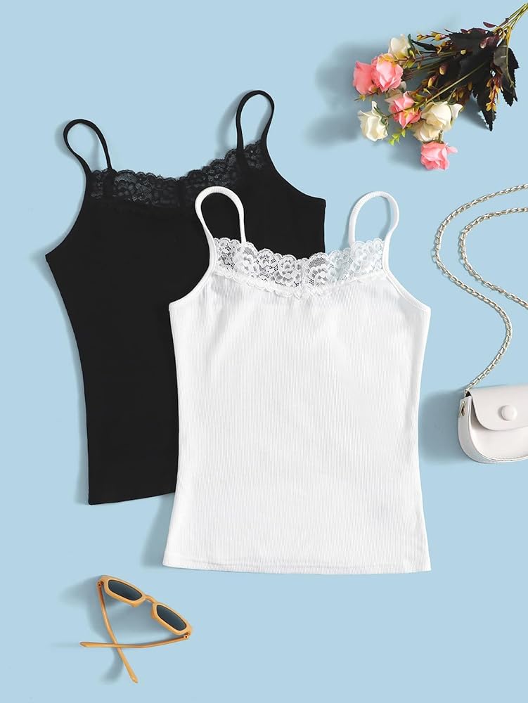 Amazon.com: Milumia Girl's 2 Pieces Rib Knit Camisoles Lace