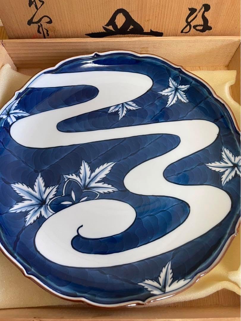 希少 源右衛門窯 青と白の波模様 八角形陶器皿 木箱付き 希少 源右衛門