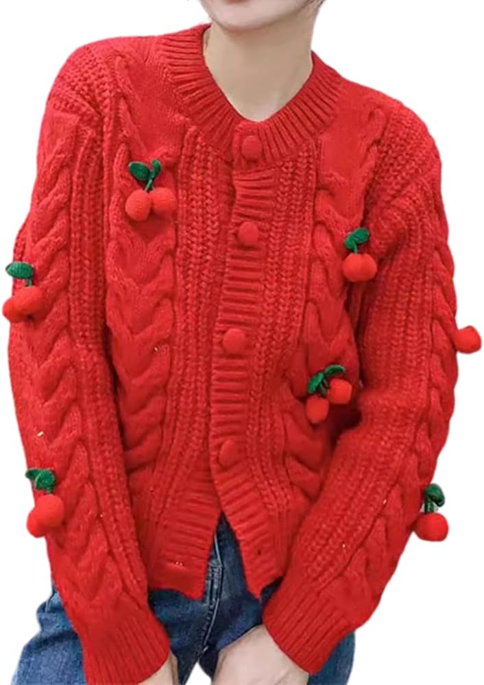 Women's Retro Cable Knit Cardigan with 3D Cherry Embellishments