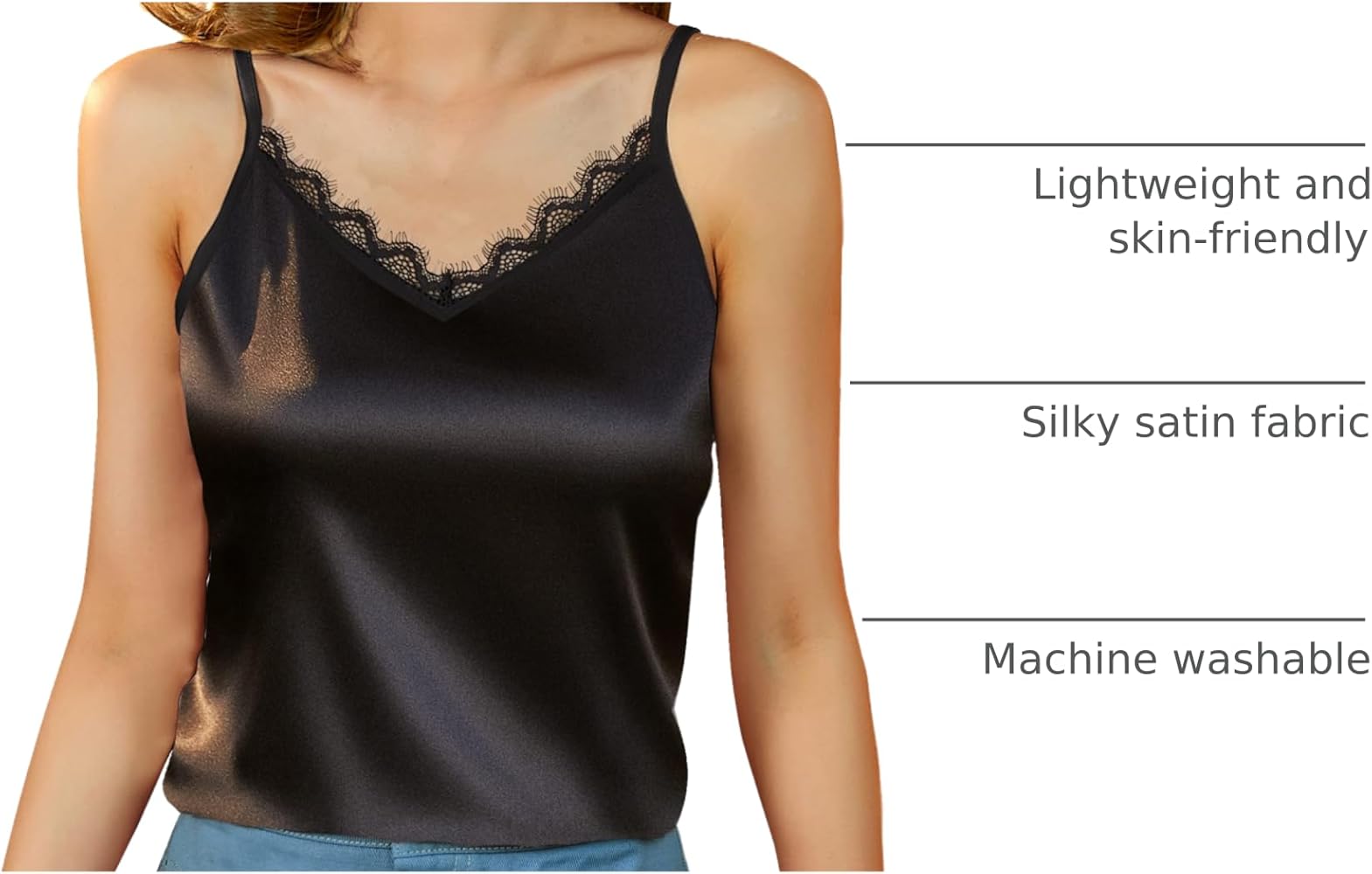 Women's Lace Satin Cami Tank Top V Neck Sleeveless Spaghetti Strap