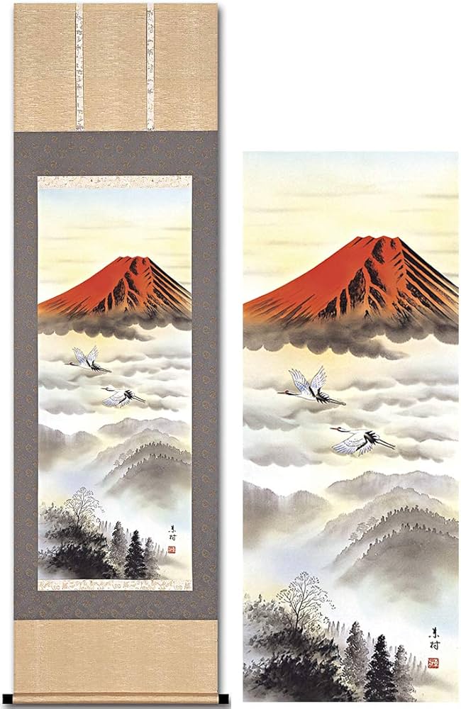 Amazon.co.jp: 掛け軸 開運 赤富士 東村 床の間 54.5cm×190cm 尺五