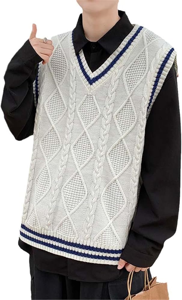 MQMYJSP Sweater Vest Men College V-Neck Loose Casual Knitting