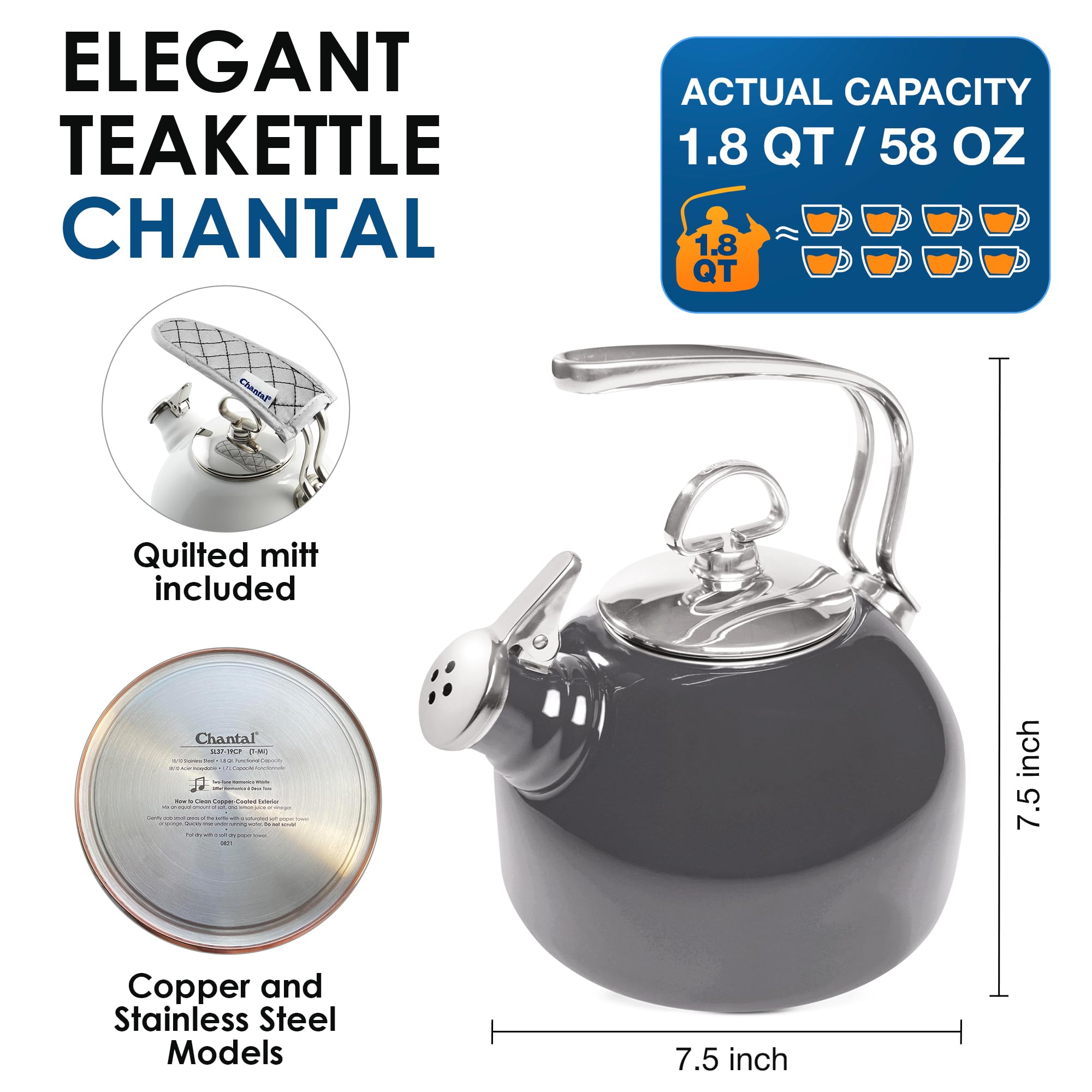 Amazon.com: Chantal Classic Teakettle, 1.8 QT, Enamel On Steel, 2