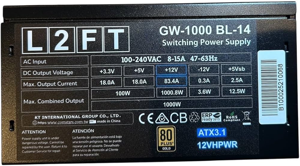 1000W電源ユニットTG1000ブラック ATX3.0 80PLUS GOLD 1000W電源