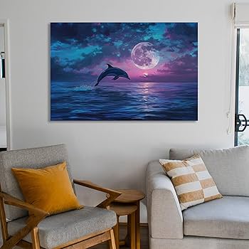 Amazon.co.jp: 絵画 明るい月の下で海から飛び出すイルカインテリア