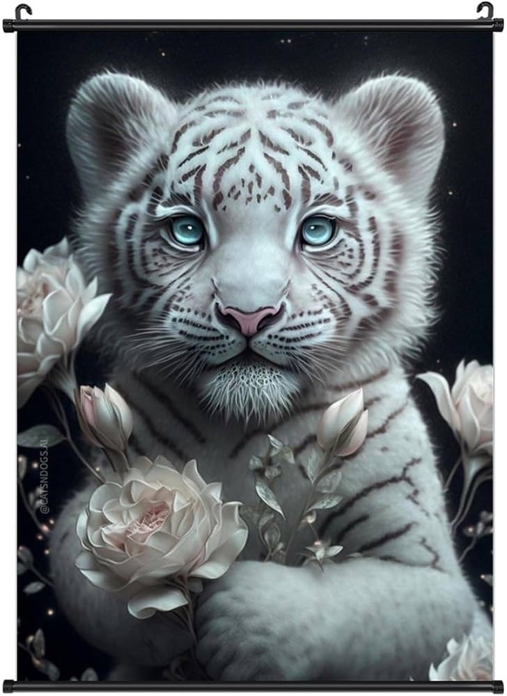 Amazon.co.jp: 小さなホワイトタイガーと赤い花 ポスター 壁掛け 掛け