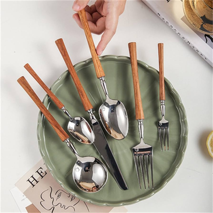 Amazon | 木製ハンドル食器6点セット ステンレススチール銀食器セット