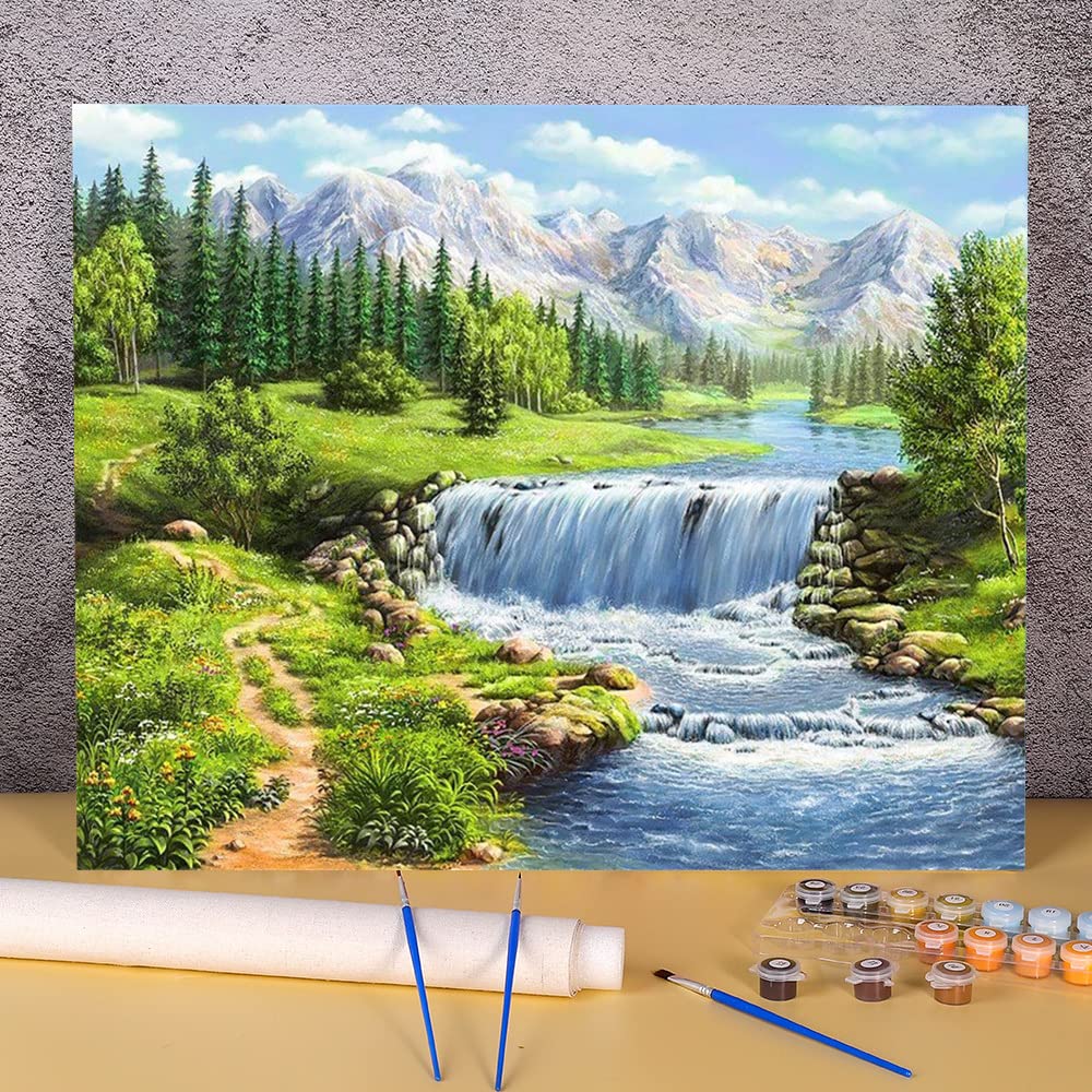 Amazon | 大人の風景画小さな川の山の木春デジタル油キャンバス絵画