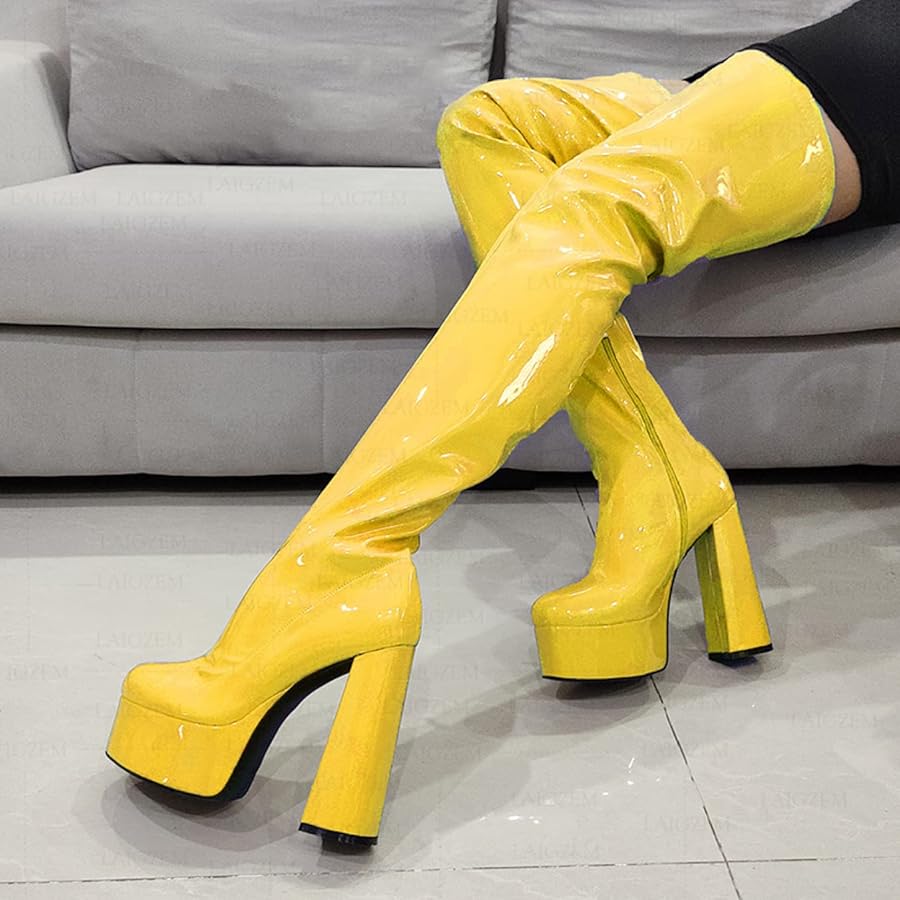 Amazon | [mongdodo] エナメル ニーハイブーツ イエロー 黒