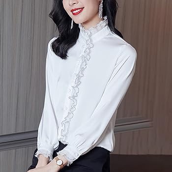 Amazon | シャツ フリル ブラウス 長袖 襟付 ハイネック シャツ