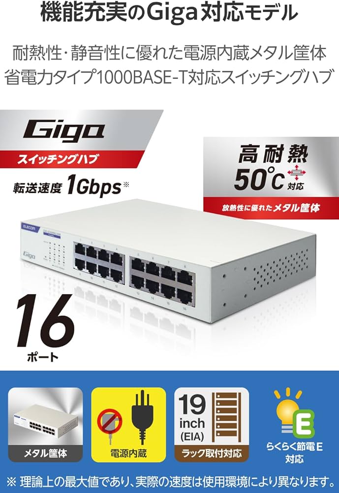 Amazon | エレコム スイッチングハブ ギガビット 16ポート 電源内蔵