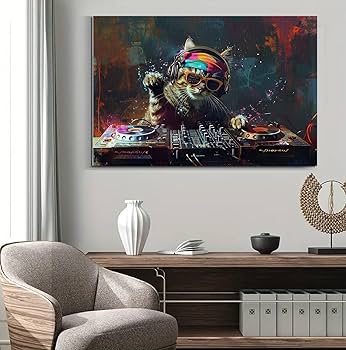 Amazon.com: DINHVBIEN9322 Canvas Print Wall Art- Cat Play DJ in