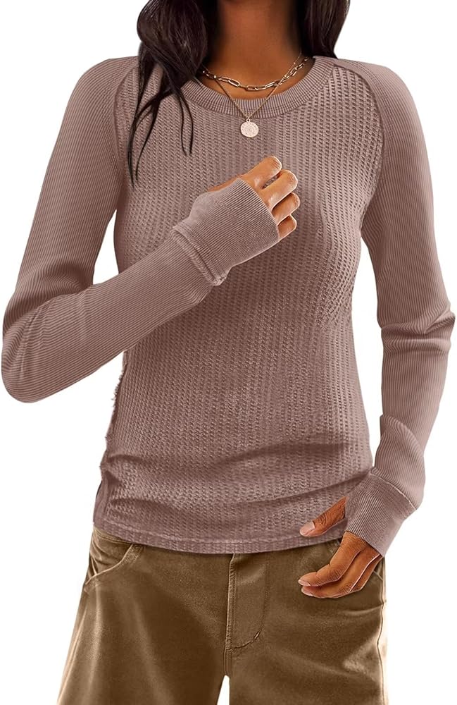 Micticsi Women Waffle Knit Tops Thermal Long Sleeve Shirts Slim