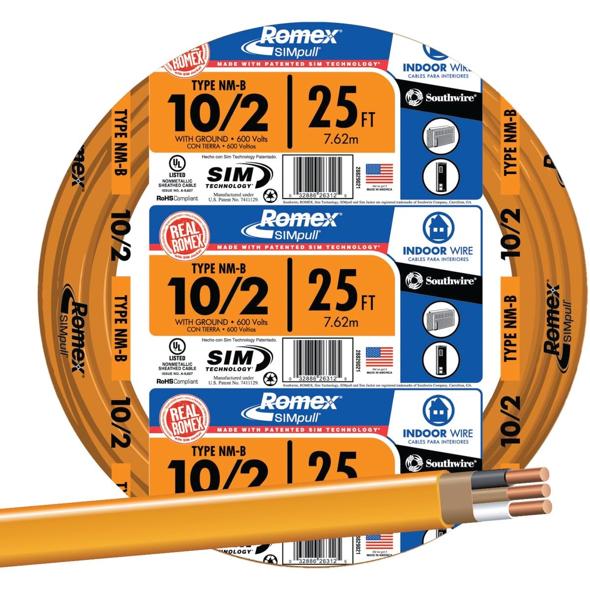Southwire Romex Brand Simpull Solid Indoor 10/2 W/G NMB Cable 25ft