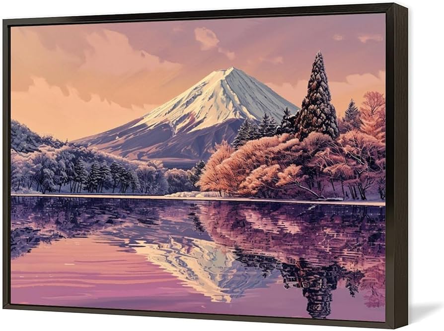 Amazon.co.jp: 絵画 湖に映る富士山と木々 アートパネル ポスター 紫色