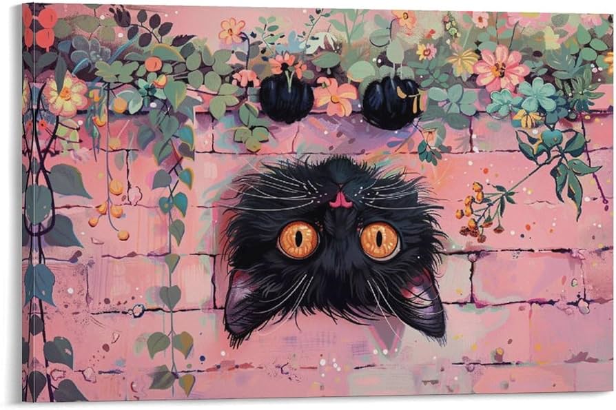 Amazon.co.jp: 絵画 ピンクの壁に逆さまにぶら下がっている黒猫 アート