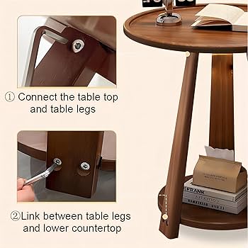 Amazon｜ミッドセンチュリーモダン2層ラウンドサイドテーブル、無垢材