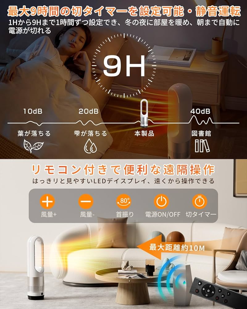 Amazon | タワーファン【通年使え・空気循環】8段階送風/3段階温風 羽
