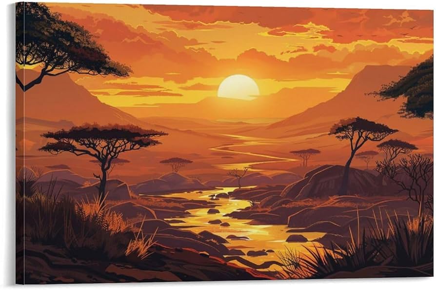 Amazon.co.jp: 絵画 アフリカのサバンナの夕日 アートパネル ポスター