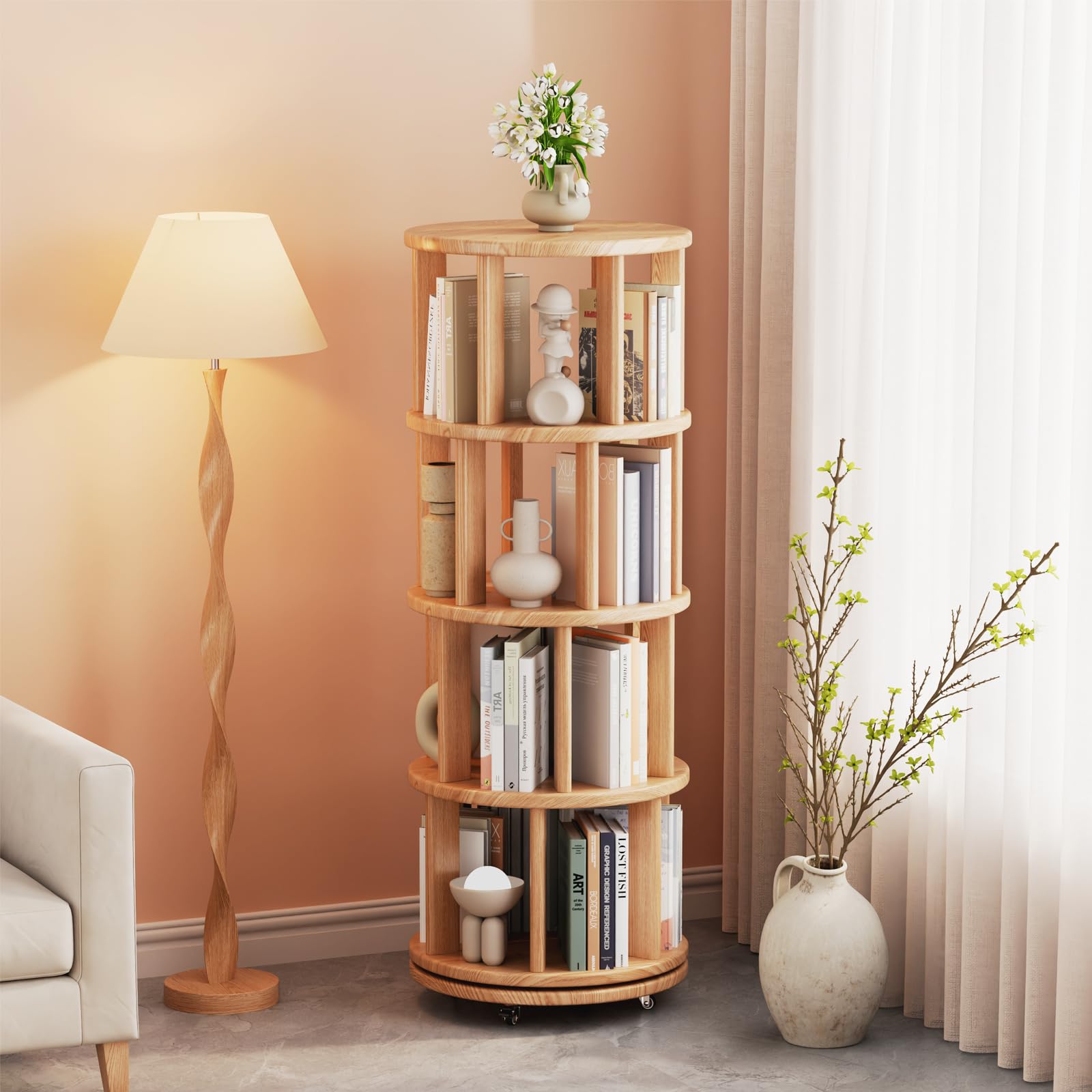 Amazon｜Mangowood 本棚 天然木製 回転式本棚 4段 - 大容量 コミック