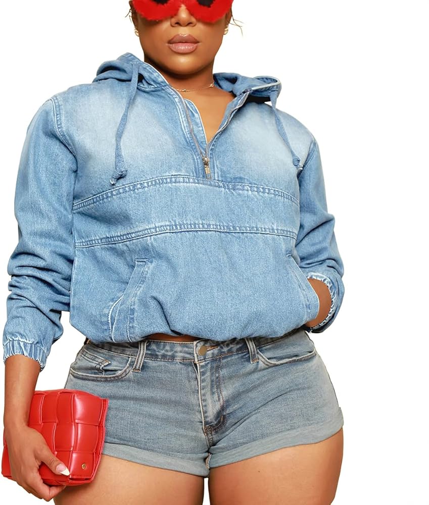 TOPSRANI Womens Plus Size Half Zip Up Denim Hoodie Casual Jean
